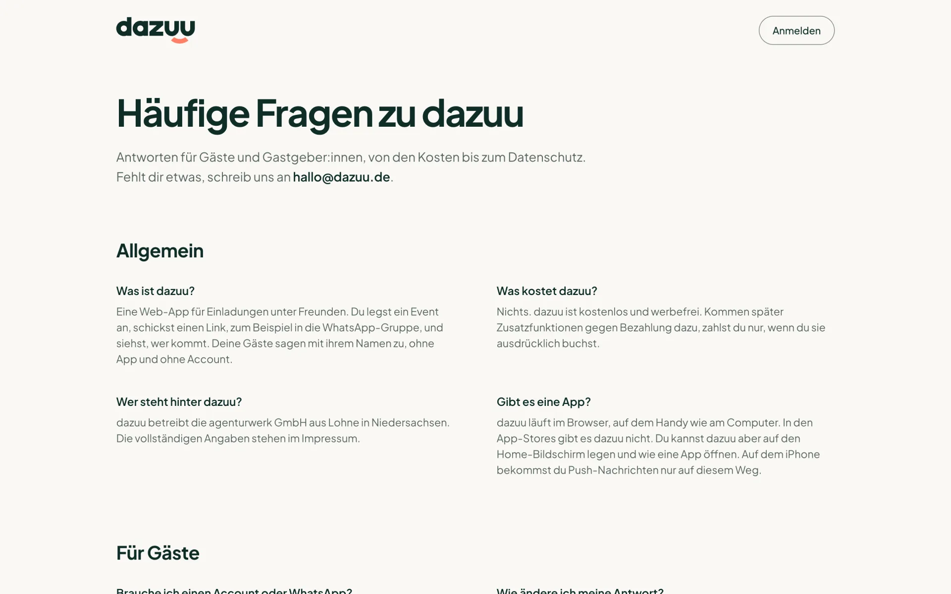 Seite mit häufigen Fragen auf dazuu.de