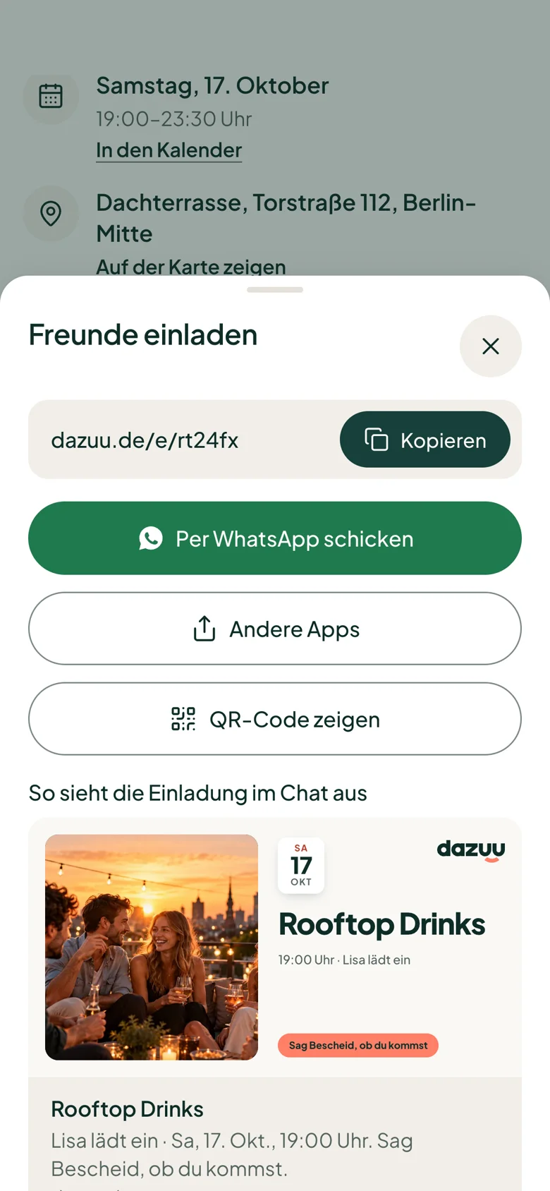 Teilen per WhatsApp, Link oder QR-Code mit Vorschau im Chat