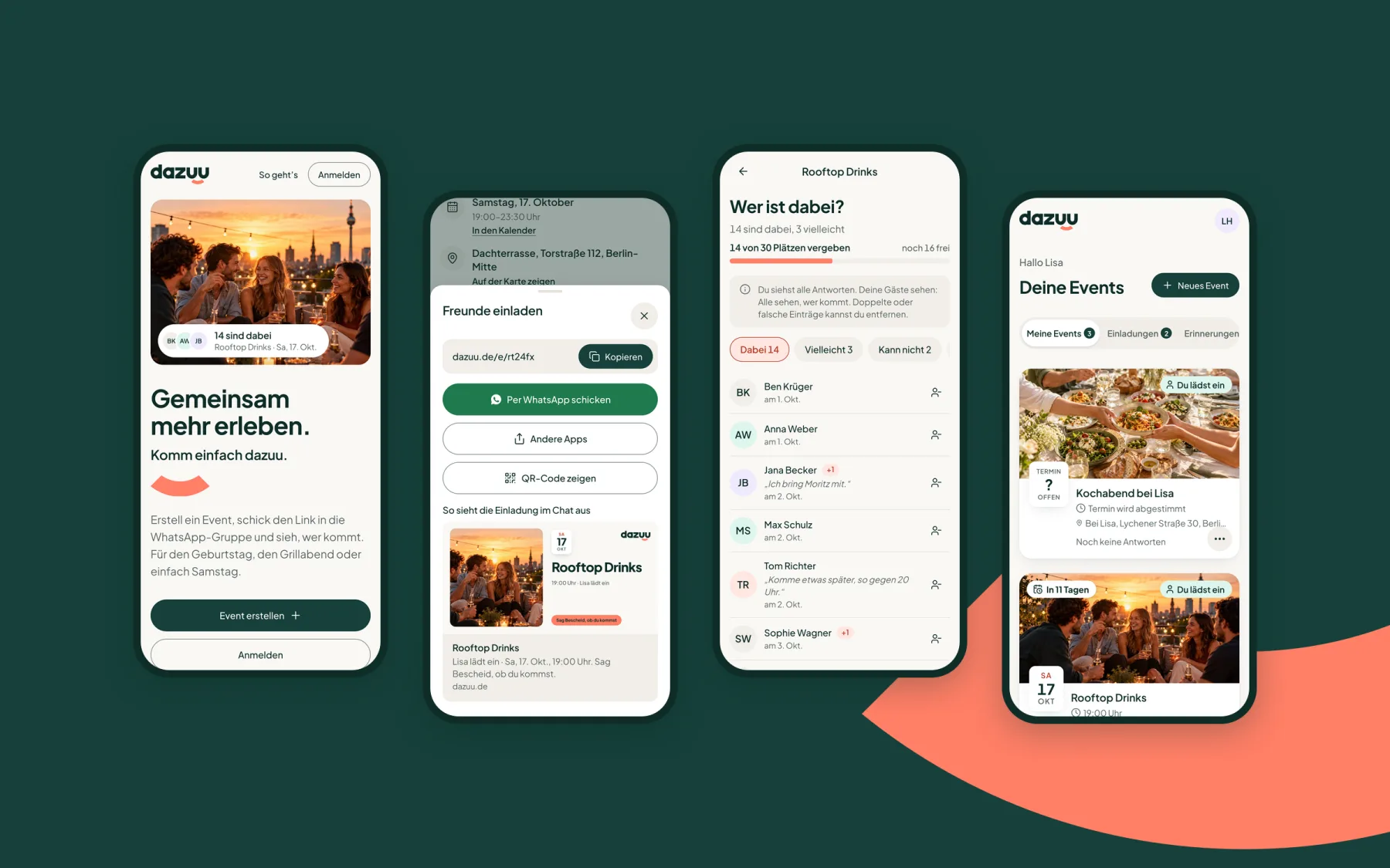 Vier Handy-Ansichten von dazuu: Startseite, Teilen per WhatsApp, Gästeliste und „Deine Events“